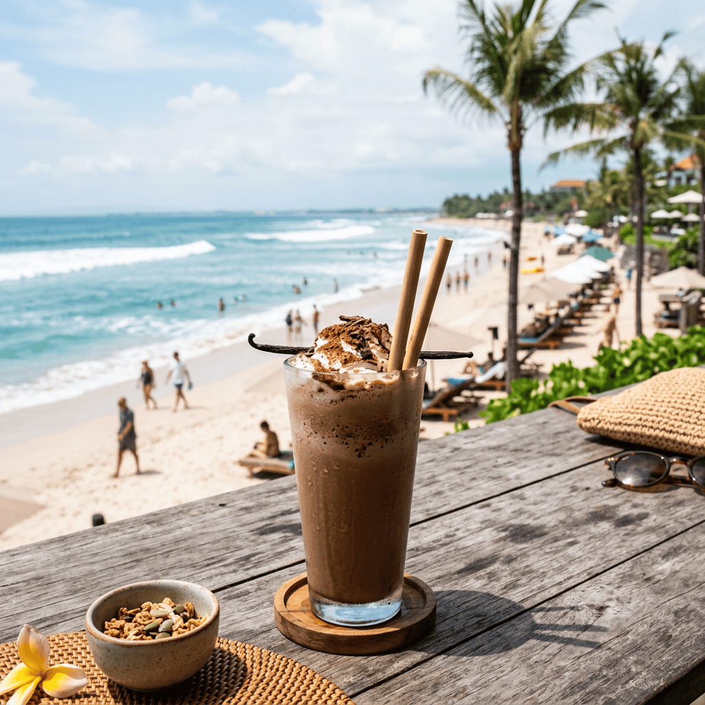 Chocolate smoothie on a table overlooking a tropical beach