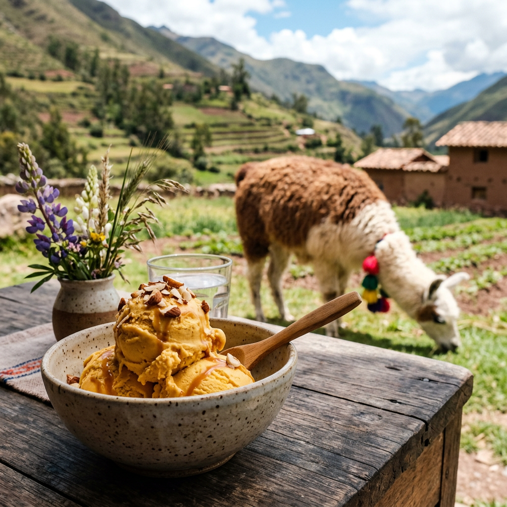 Bowl of ice cream with almonds beside a grazing llama in Andean farmland