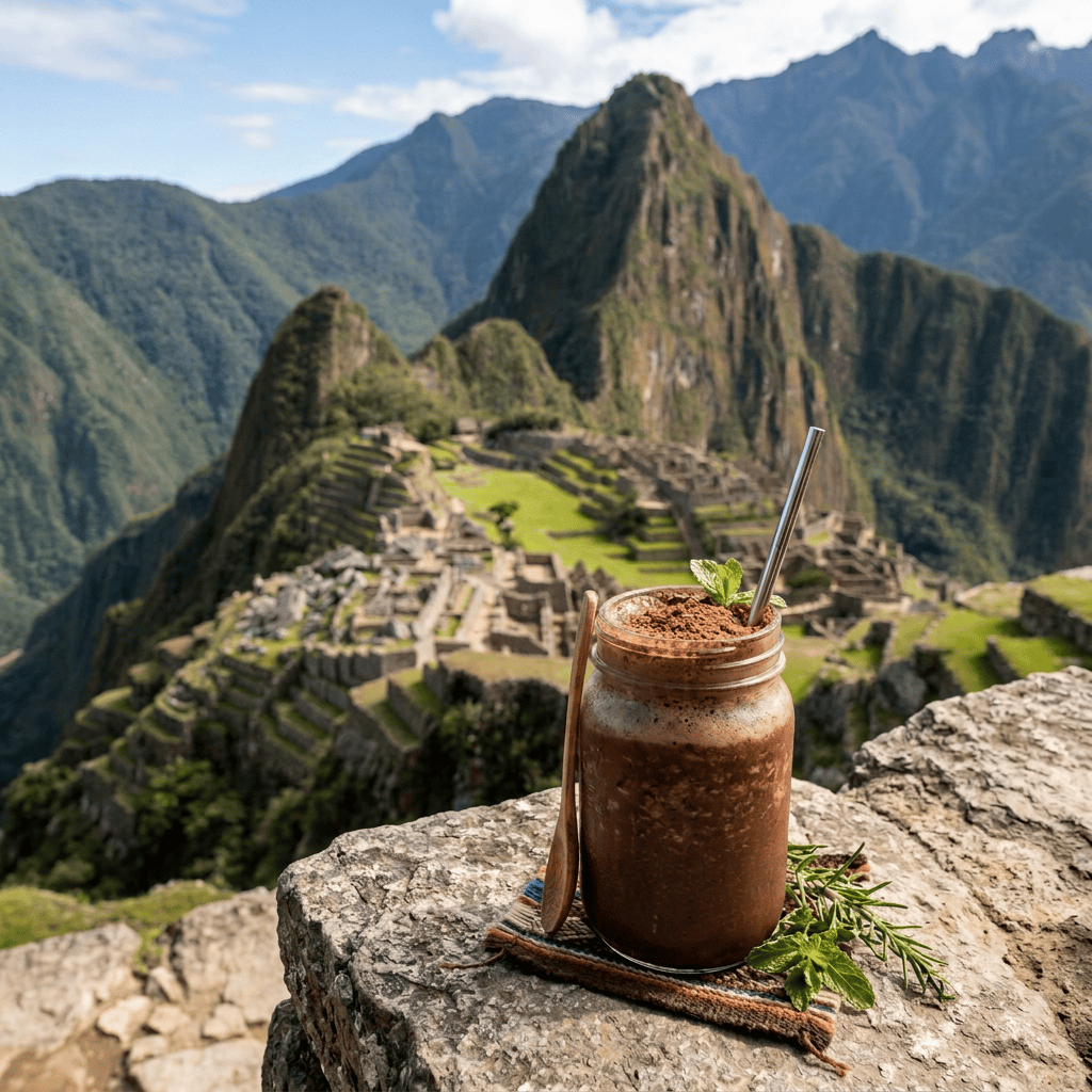 Maca chocolate smoothie labeled Peru overlooking Machu Picchu ruins and mountains